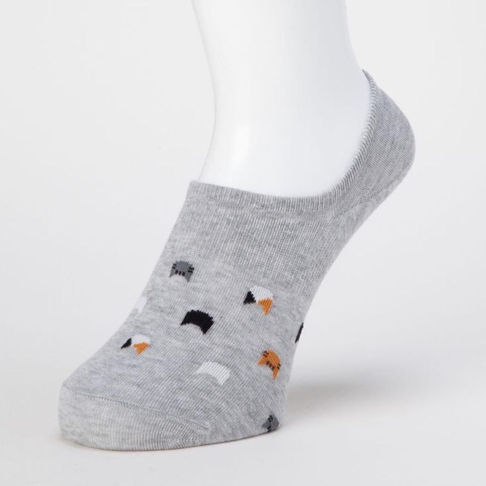 日本 okamoto - 超強專利防滑ㄈ型隱形襪-針織 超深履款-幾何貓咪 淺灰 (23-25cm)
