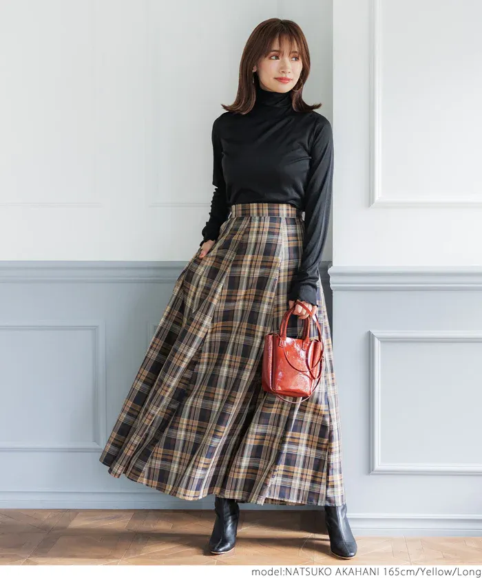 日本 COCA - 氣質格紋打褶修身長裙-黃