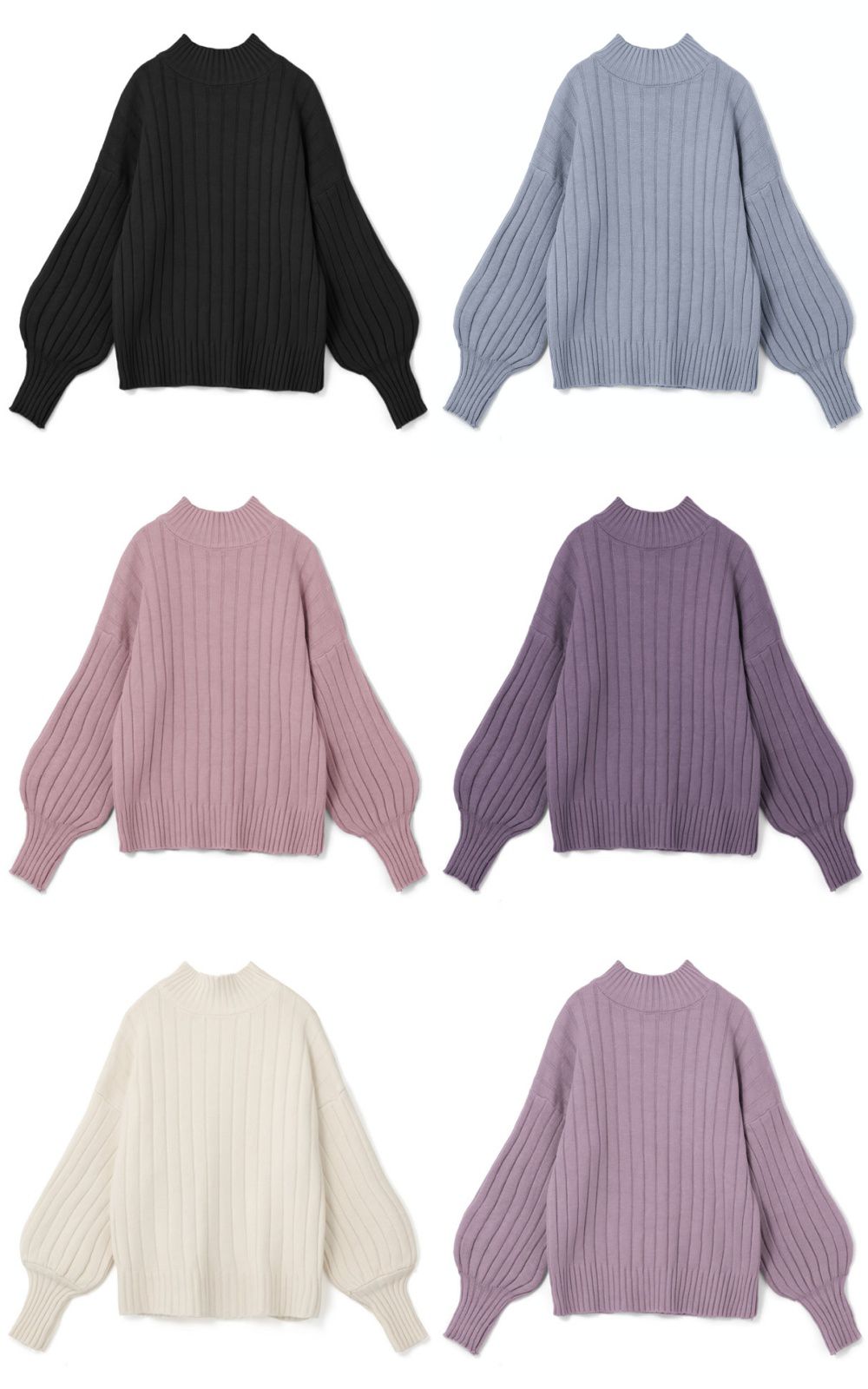 日本 GRL - 坑條紋澎袖小高領針織毛衣-灰粉