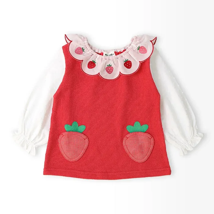 日本 ZOOLAND - 水果樂園 甜心草莓荷葉領長袖上衣-粉紅