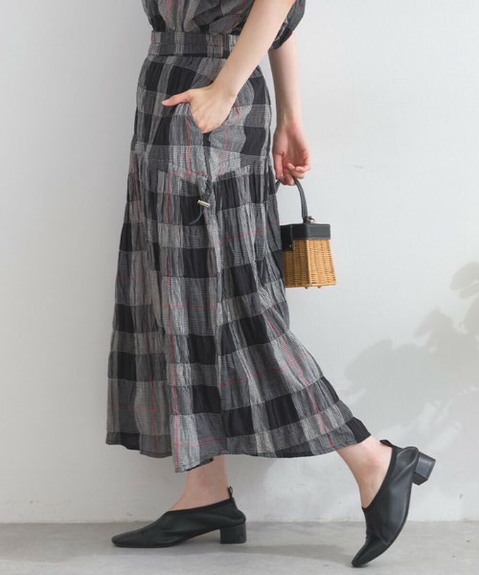 日本 Lupilien - 印度棉 皺皺文青格紋側抽繩長裙-米杏