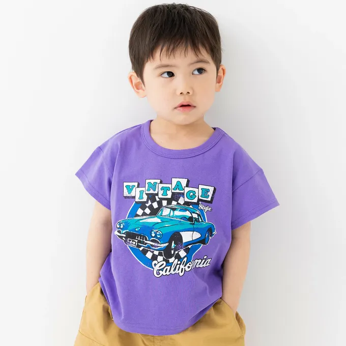 日本 Chil2 - 100%棉 印花柔軟短袖上衣-復古車車-炭灰