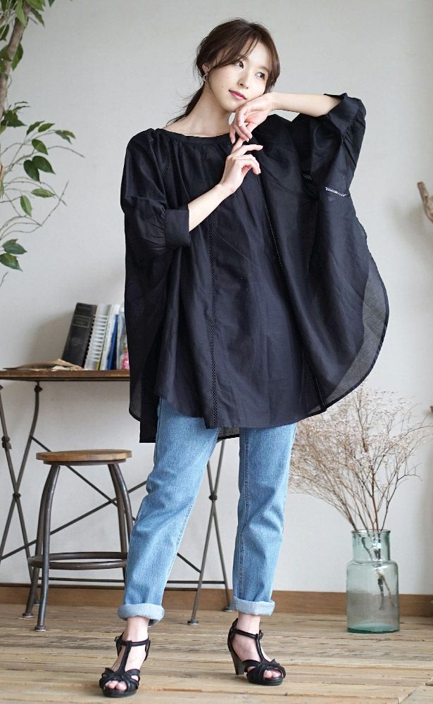 日本 zootie - 純棉大飛鼠袖寬鬆微透膚七分袖上衣-黑