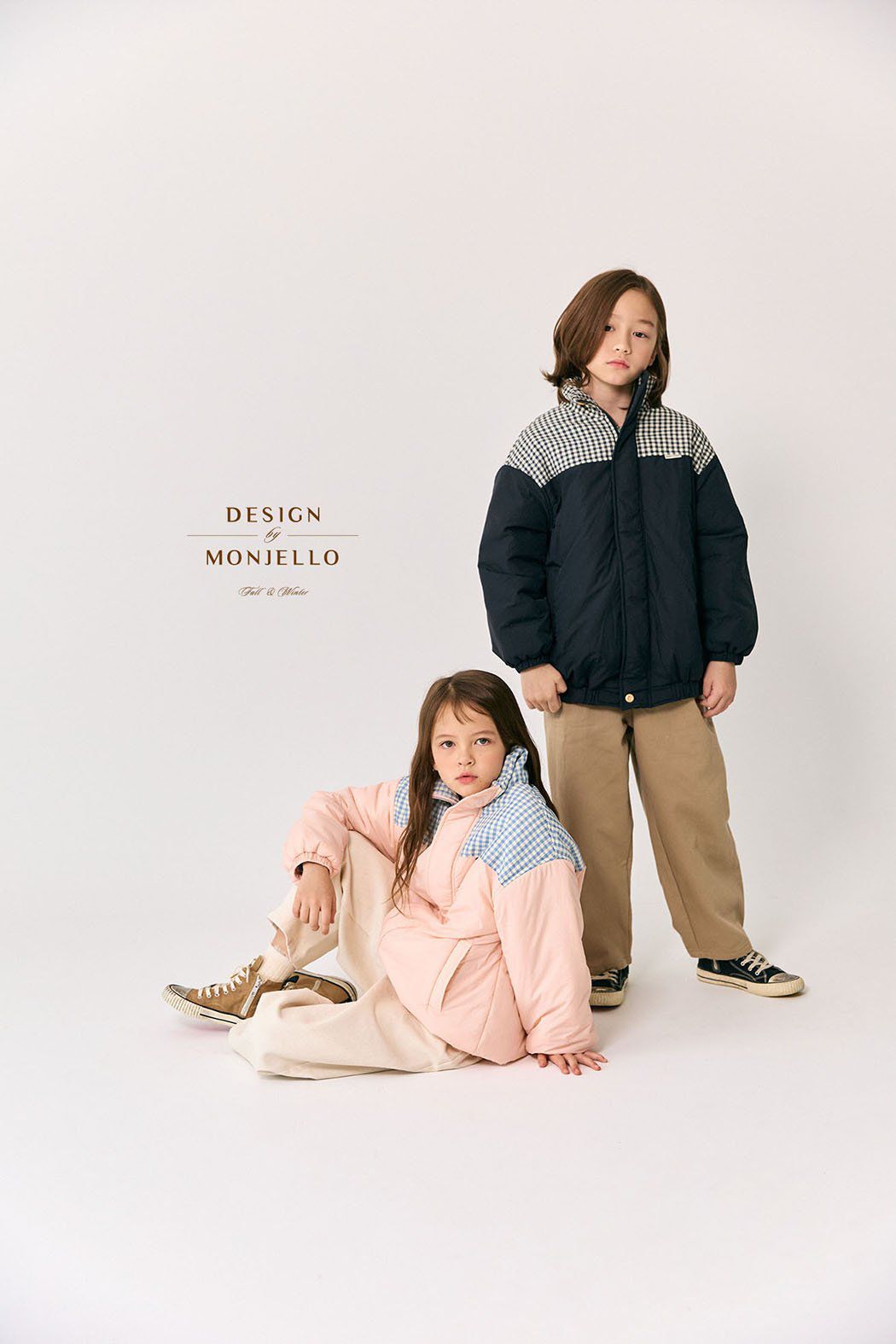 韓國 MONJELLO - 格子點綴拉鍊立領鋪棉外套-粉