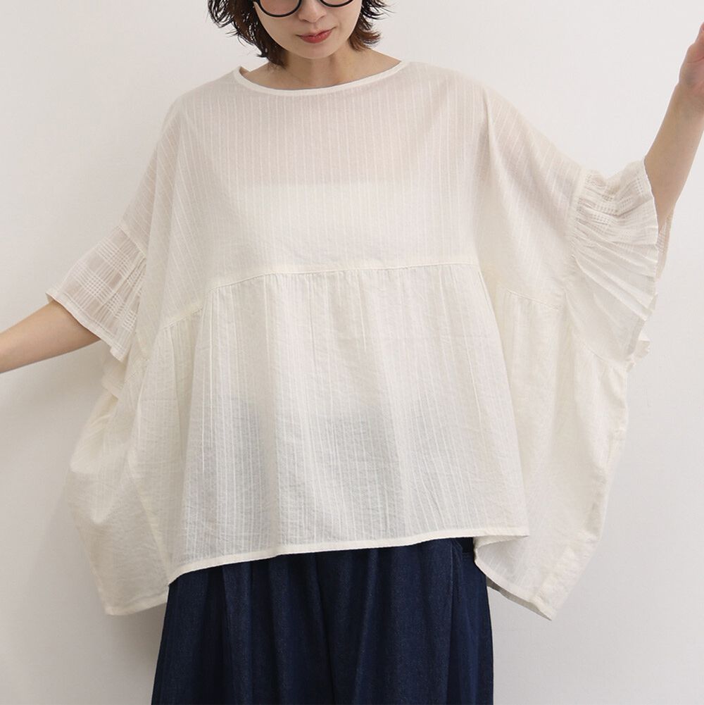 印度棉 緹花拼接感喇叭短袖上衣-米白