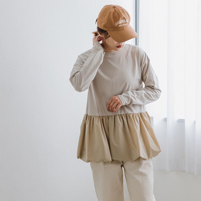 日本 ihuu - 優雅下擺拼接薄長袖上衣-杏白