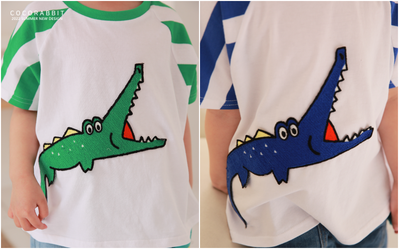 韓國 Coco rabbit - 條紋相間袖刺繡鱷魚T-藍