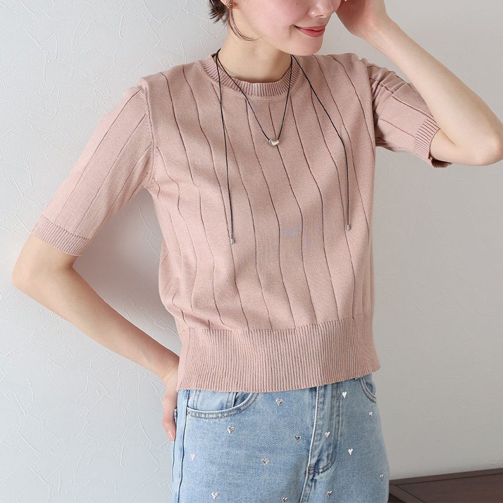 羅紋彈性薄針織五分袖上衣-嫩粉紅