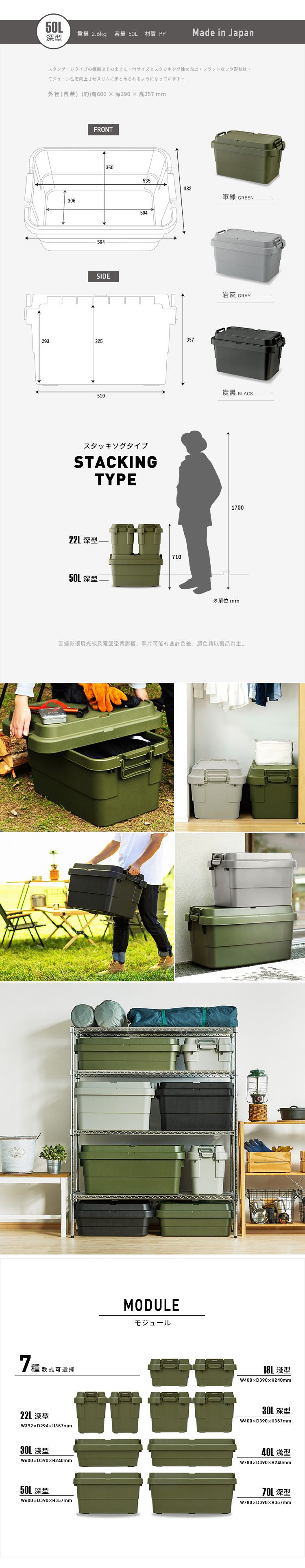 日本 RISU - TRUNK CARGO二代 日製戶外掀蓋式耐壓收納箱-深型-軍綠 (50L)