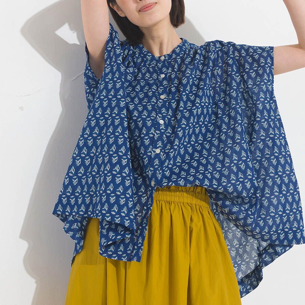 100%印度棉 輕盈寬版襯衫式上衣-圖騰-海軍藍