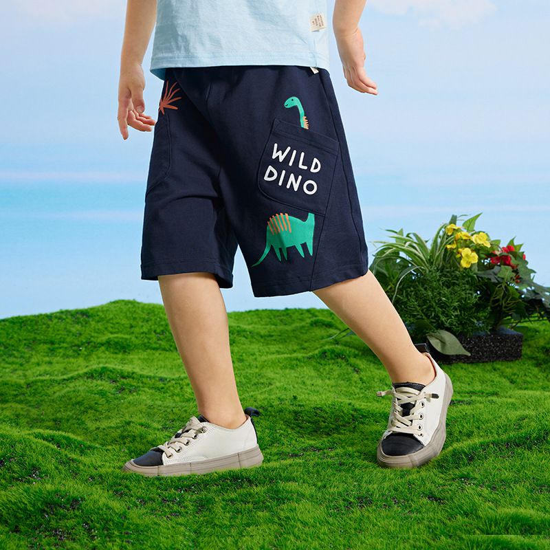 純棉休閒運動五分褲-長脖子恐龍-杏色