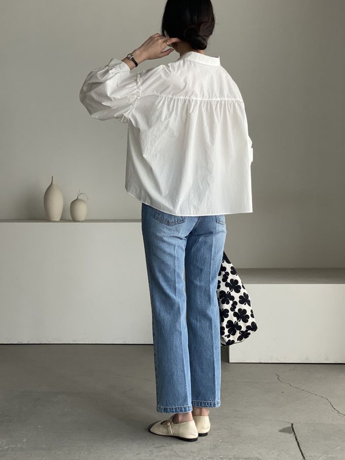 韓國女裝連線 - 極簡拼接翻領長袖襯衫-象牙白 (FREE)