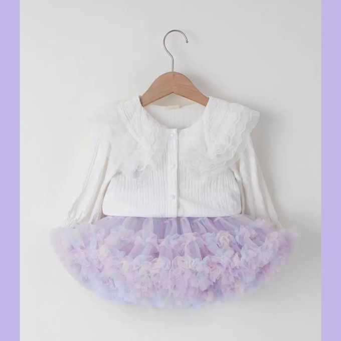 love, charlotte - 歐美系荷葉花邊領口坑條薄針織上衣  童裝 上衣 素色 白色上衣