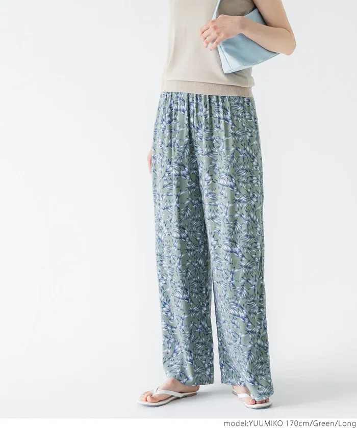 日本 COCA - 100%嫘縈 涼爽印花修身寬褲-葉子紋-檸檬黃