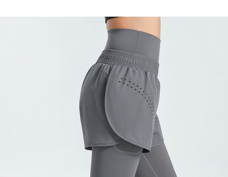 大碼高腰收腹假兩件防走光瑜珈褲-黑色