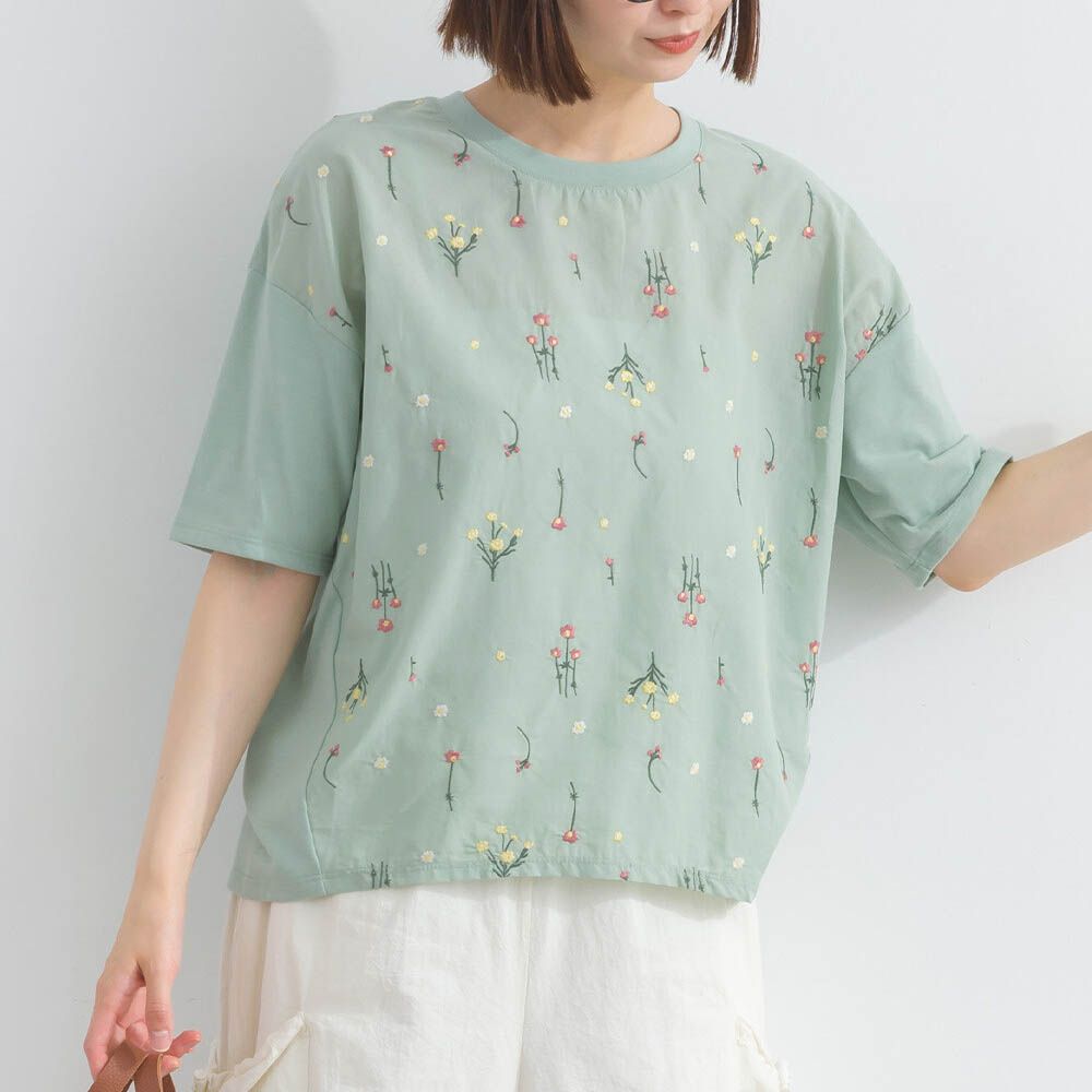 唯美刺繡舒適棉短袖上衣-花卉-薄荷