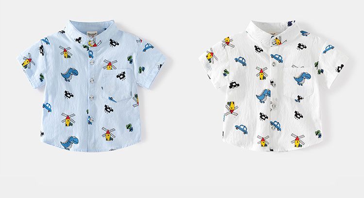 WELLKIDS - 純棉休閒翻領短袖襯衫-恐龍+車車-白色