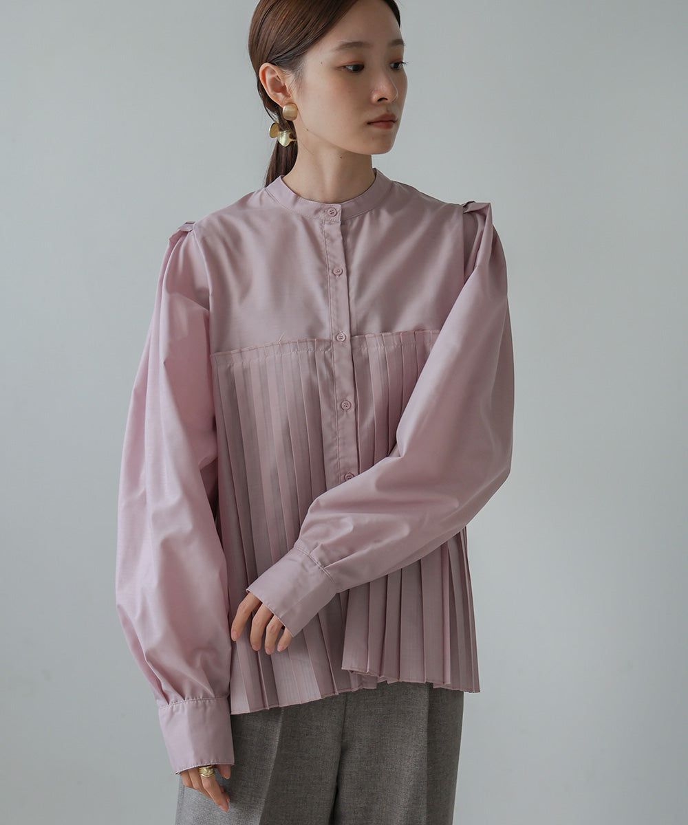 日本 Bab - 歐風百褶拼接泡泡袖襯衫-灰棕