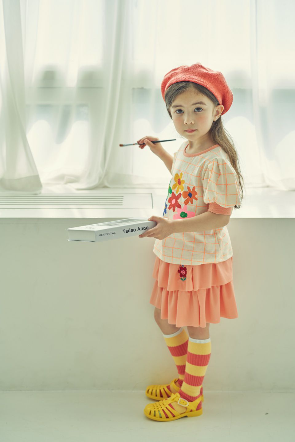 韓國 Mimico - 六彩花朵格子T-蜜桃橘