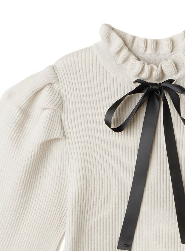 日本 GRL - 復古花邊領綁帶澎袖針織長袖上衣-丁香紫