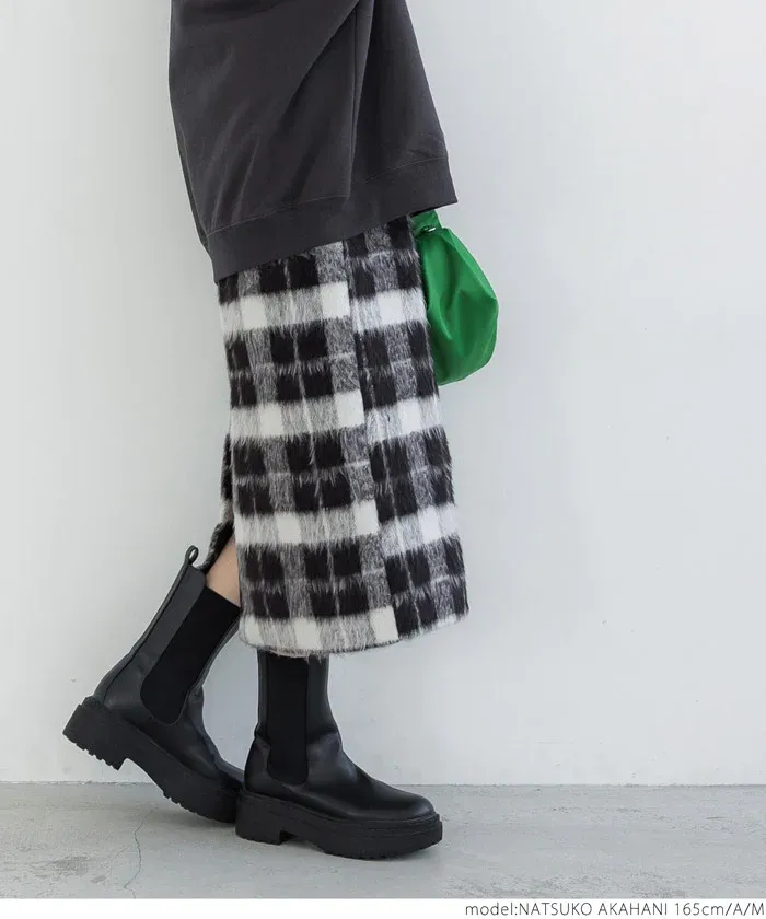 日本 COCA - 慵懶毛呢格紋鬆緊長裙-綠米