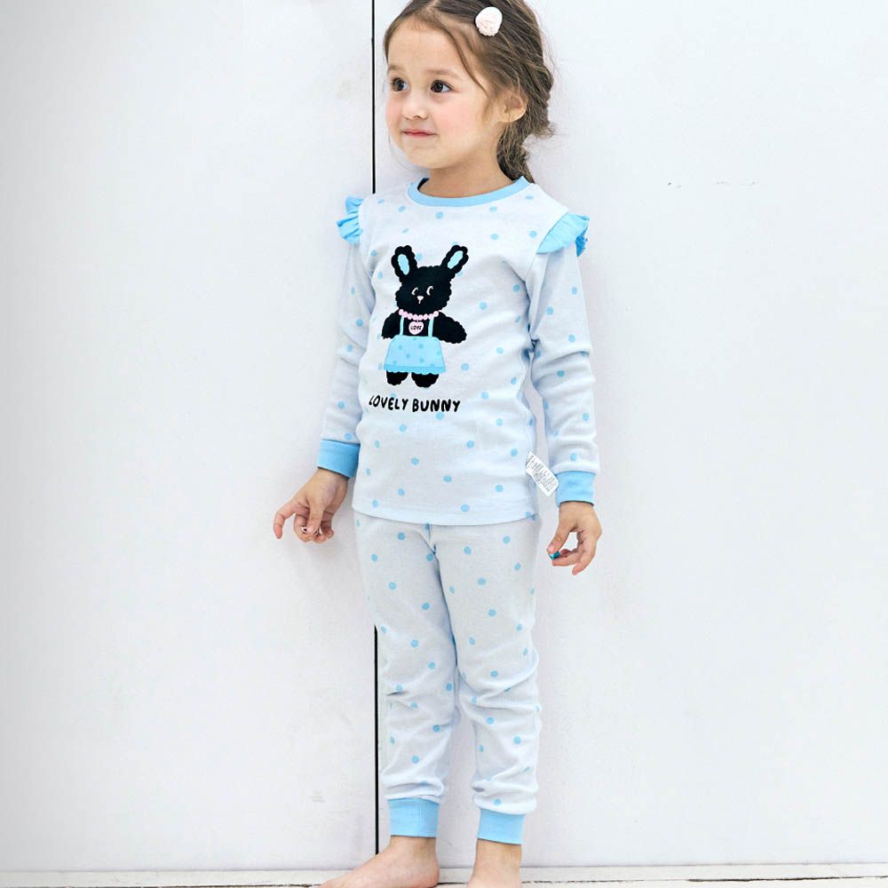 細緻柔棉彈性長袖家居服-點點捲毛兔-天藍