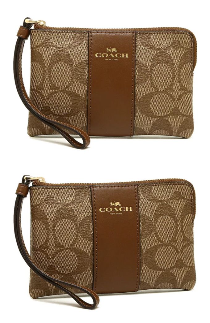 COACH - 拼接皮革L型拉鍊手拿包 (卡駝)