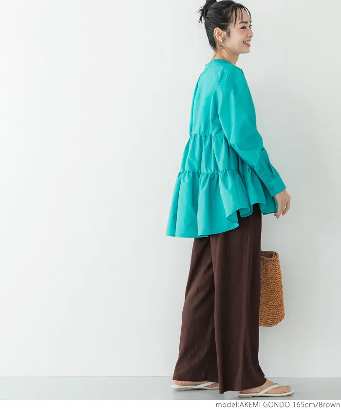 日本 COCA - [可剪裁] 楊柳細褶百搭長褲-淺藍