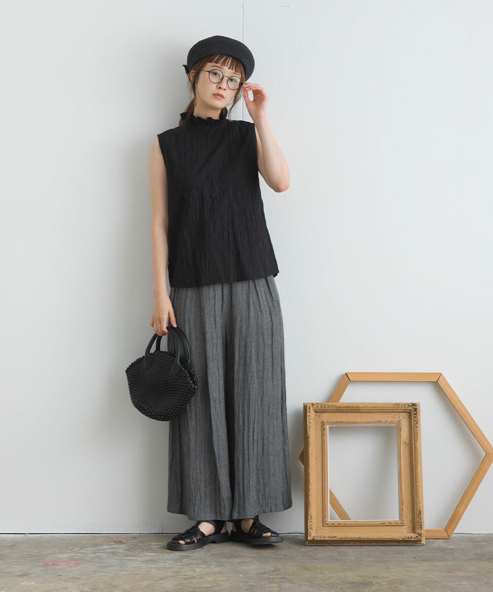 日本女裝代購 - 木耳領楊柳感無袖上衣-直條紋-深灰藍