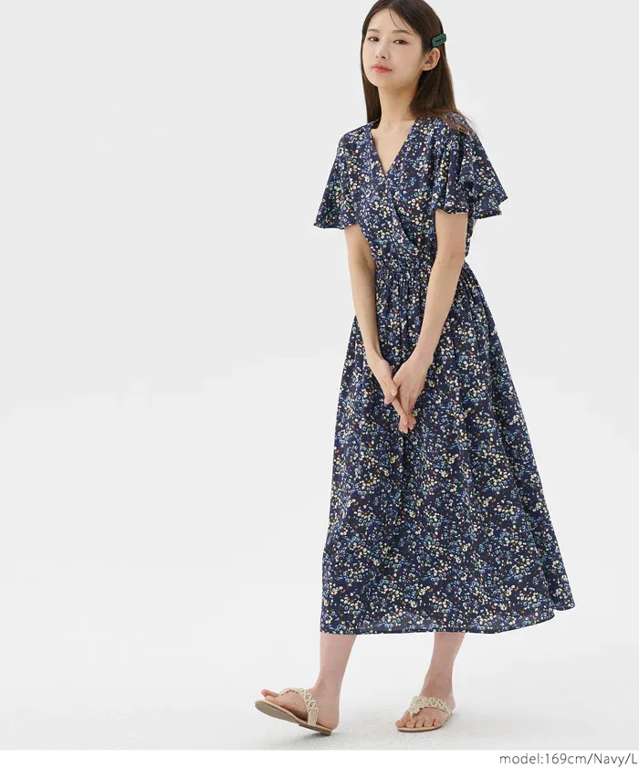 日本 COCA - 藍色的夢V領碎花洋裝-深藍