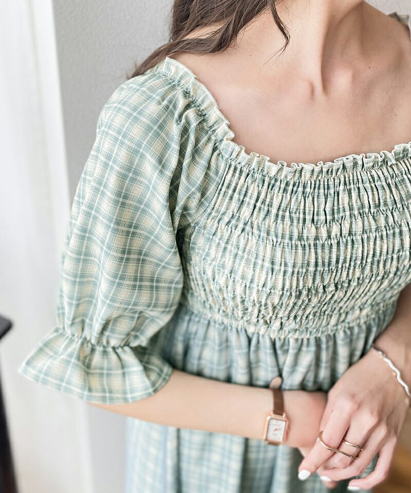 日本 Classical Elf - 歐風文藝泡泡袖紗拼接洋裝-格紋-草綠