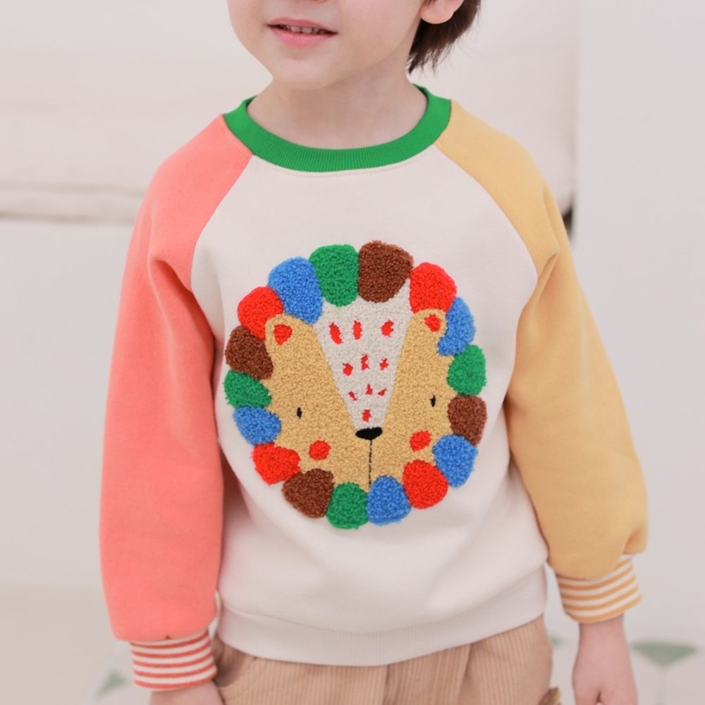 Coco rabbit (內磨毛)撞色長袖大學T-毛絨獅子-橘X芥黃