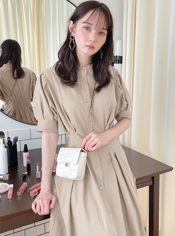 日本 GRL - 文藝氣息泡泡袖排釦洋裝-深藍