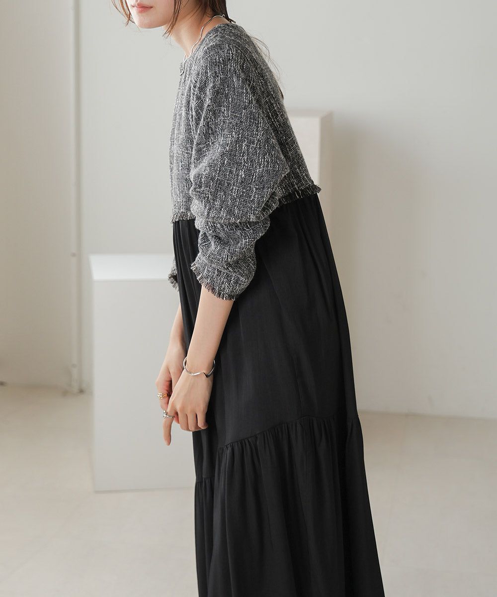 日本 Bab - 仙氣花呢異材質拼接長袖洋裝-黑