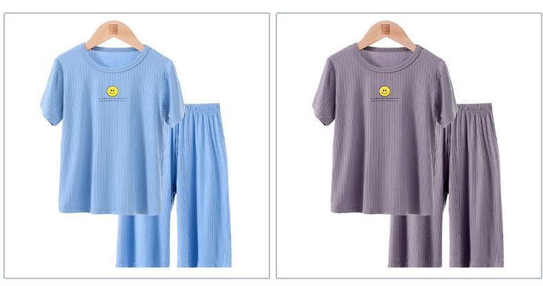 MAMDADKIDS - 螺紋短袖套裝/家居服-笑臉-藍色