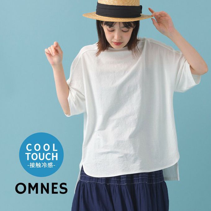 日本 OMNES - 接觸冷感 嫘縈寬版圓領五分袖上衣-海軍藍