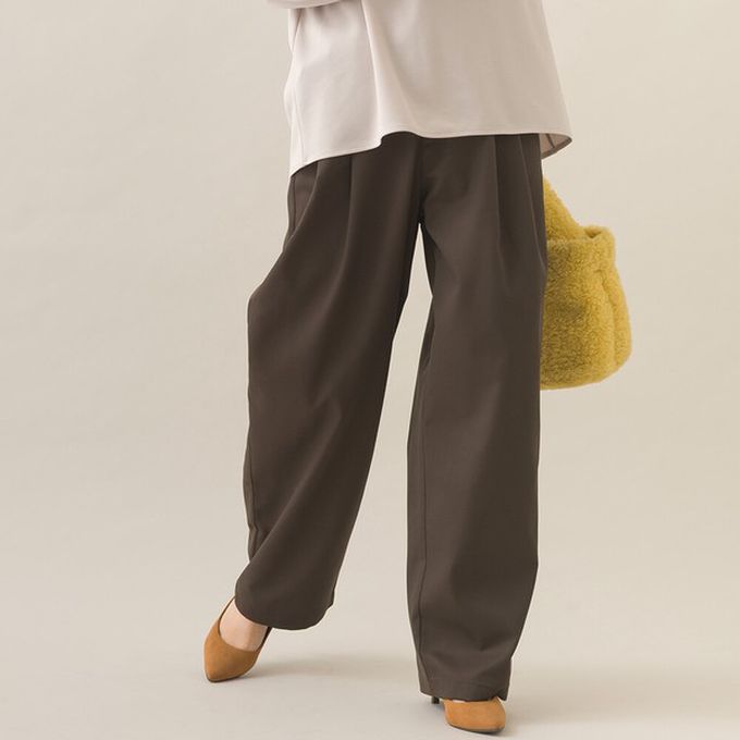 日本 OMNES - 率性感打褶後鬆緊高腰寬褲-橄欖綠