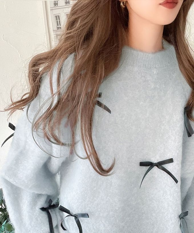 日本 Classical Elf - 甜美滿點 毛海蝴蝶結浪漫毛衣-深灰