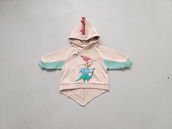 韓國 Mimico - 恐龍印角角造型連帽長袖上衣-卡其