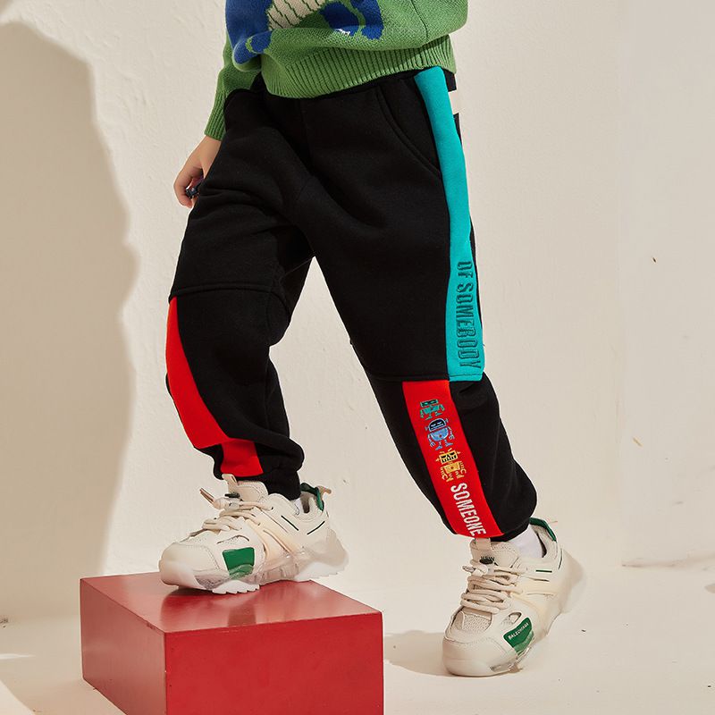 薄絨腰鬆緊休閒保暖束口長褲-繽紛機器人-灰色