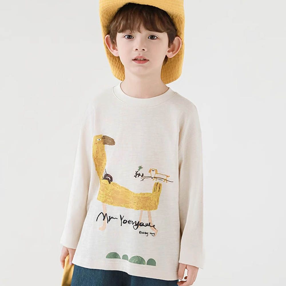 純棉竹節紋圓領落肩長袖上衣-抽象塗鴉-米色