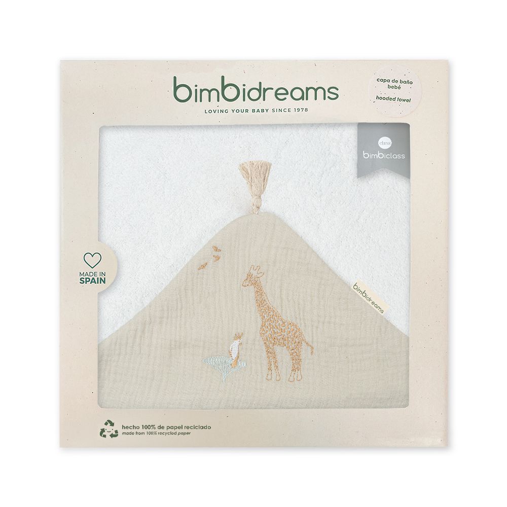 【bimbidreams】竹纖維流蘇連帽浴巾禮盒 100x100cm(寶寶新生兒禮 滿月禮 彌月禮 嬰兒禮盒)-長頸鹿與鳥