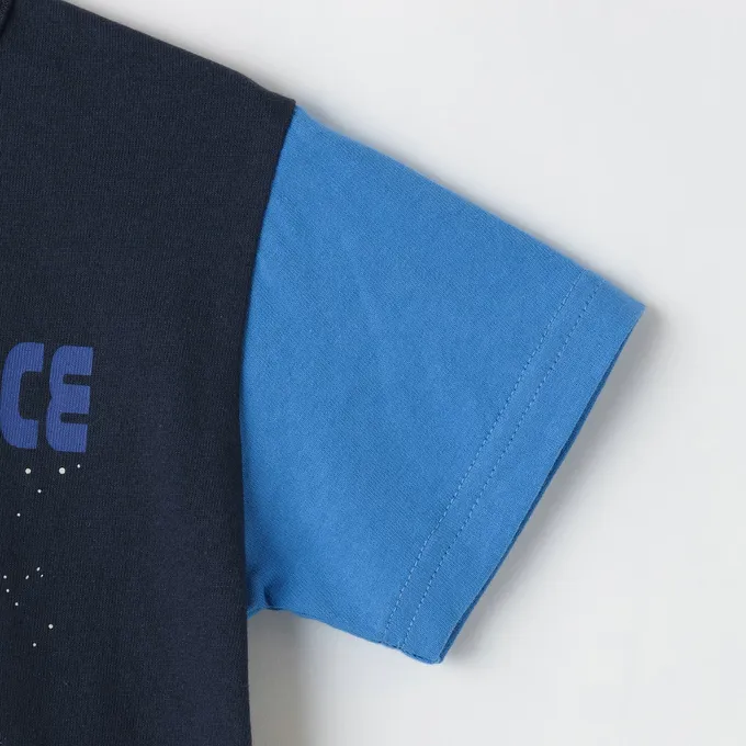 日本 petit main - 100%棉 可愛百搭短袖上衣-撞色太空-海軍藍