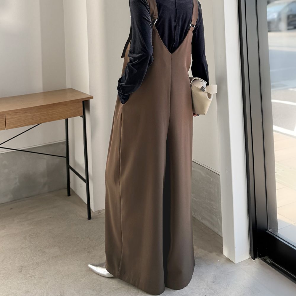 前後2way工裝風俐落廓形連身褲-咖啡