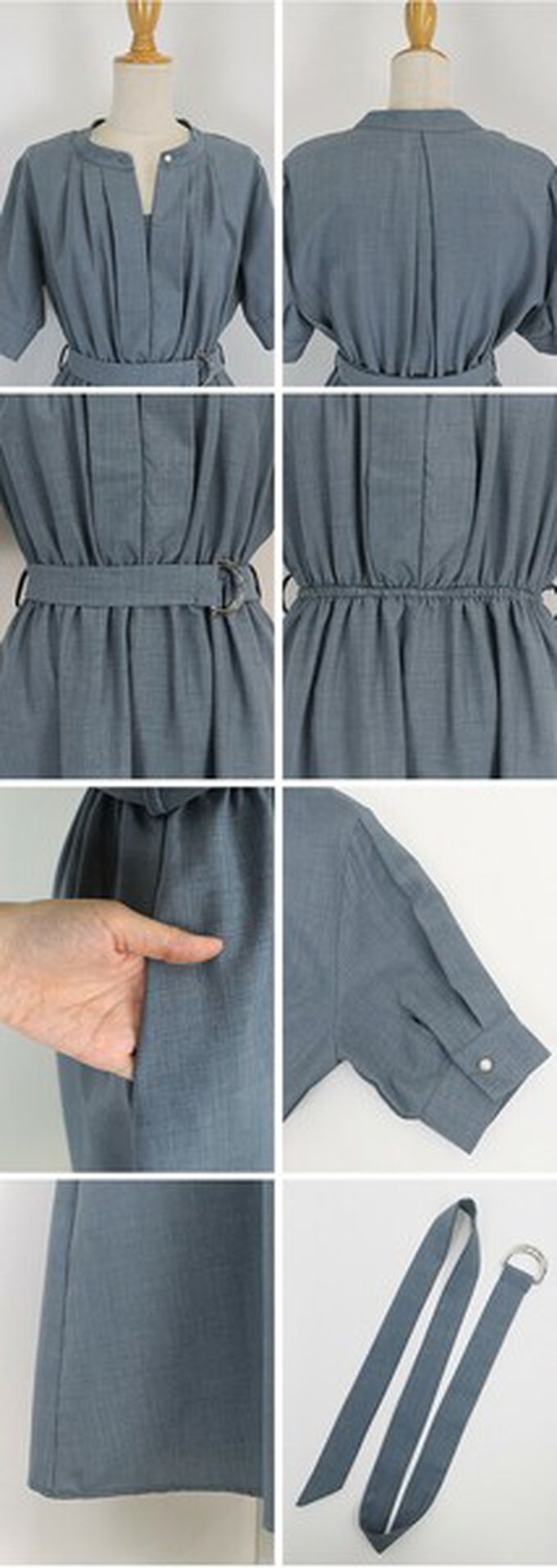 日本 BLUE EAST - 優雅打褶2way領束腰短袖洋裝-灰藍