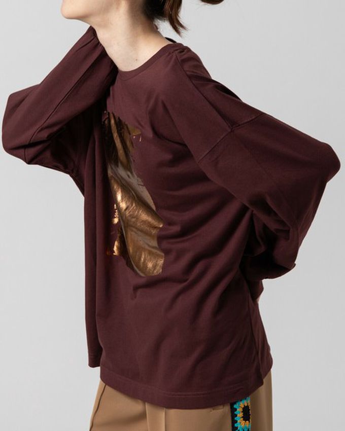 日本 gleam - 燙金時尚光澤廓形寬版長袖上衣-紅棕x金