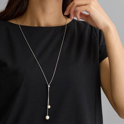 日本 Melody Accessory - 18k金Y字型優雅珍珠長項鏈-銀