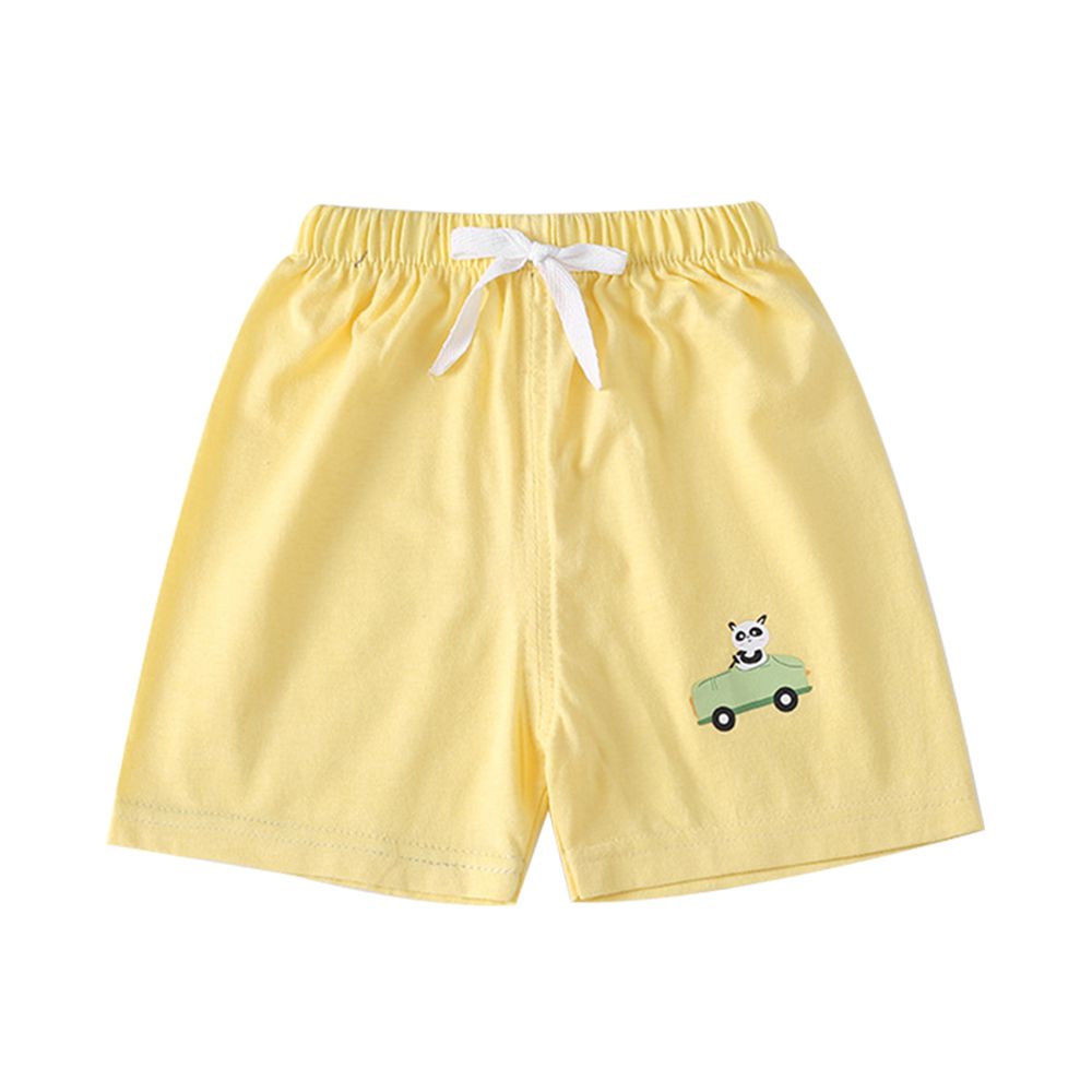 純棉短褲 兒童短褲 褲子可開檔換尿布-素色-黃底汽車