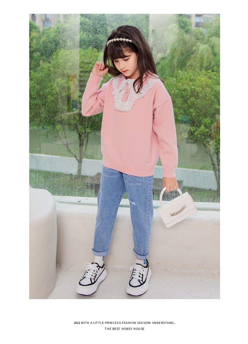 百搭秋冬針織毛衣-蕾絲珍珠-米白色