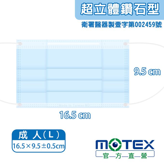 MOTEX 摩戴舒 - 摩戴舒 醫用口罩(未滅菌)-鑽石成人口罩-藍色 (L-16.5x9.5cm)-50片裸裝/盒